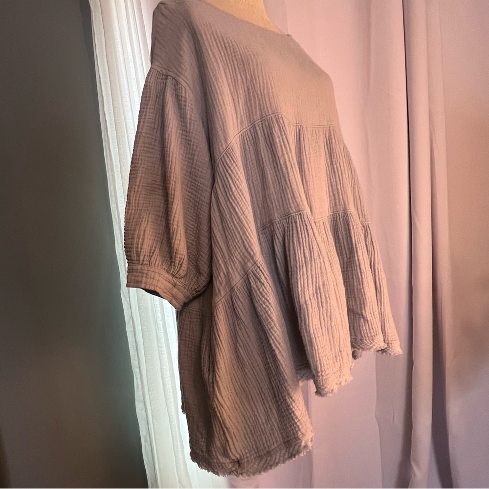by together top light blue cotton oversized 3/4 sleeve top w pockets good cond
